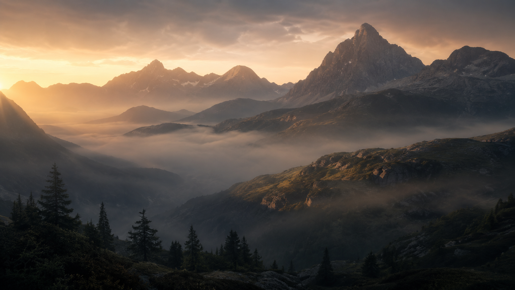 Golden hour over a misted mountain valley.