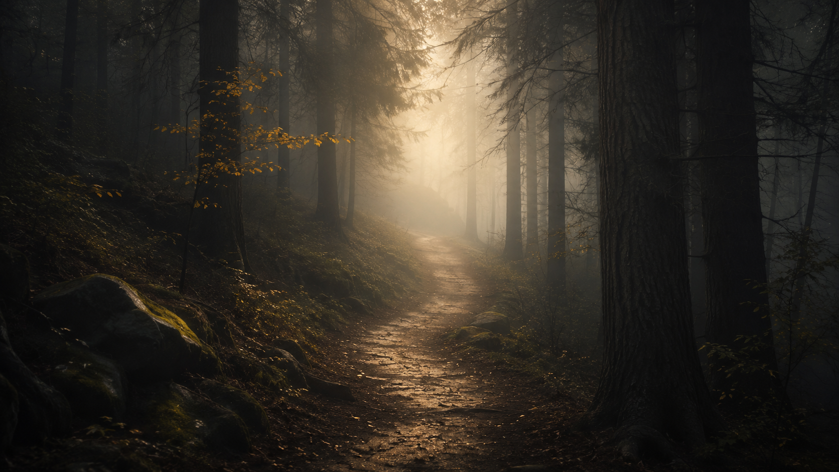 A misty woodland path opening into golden light.