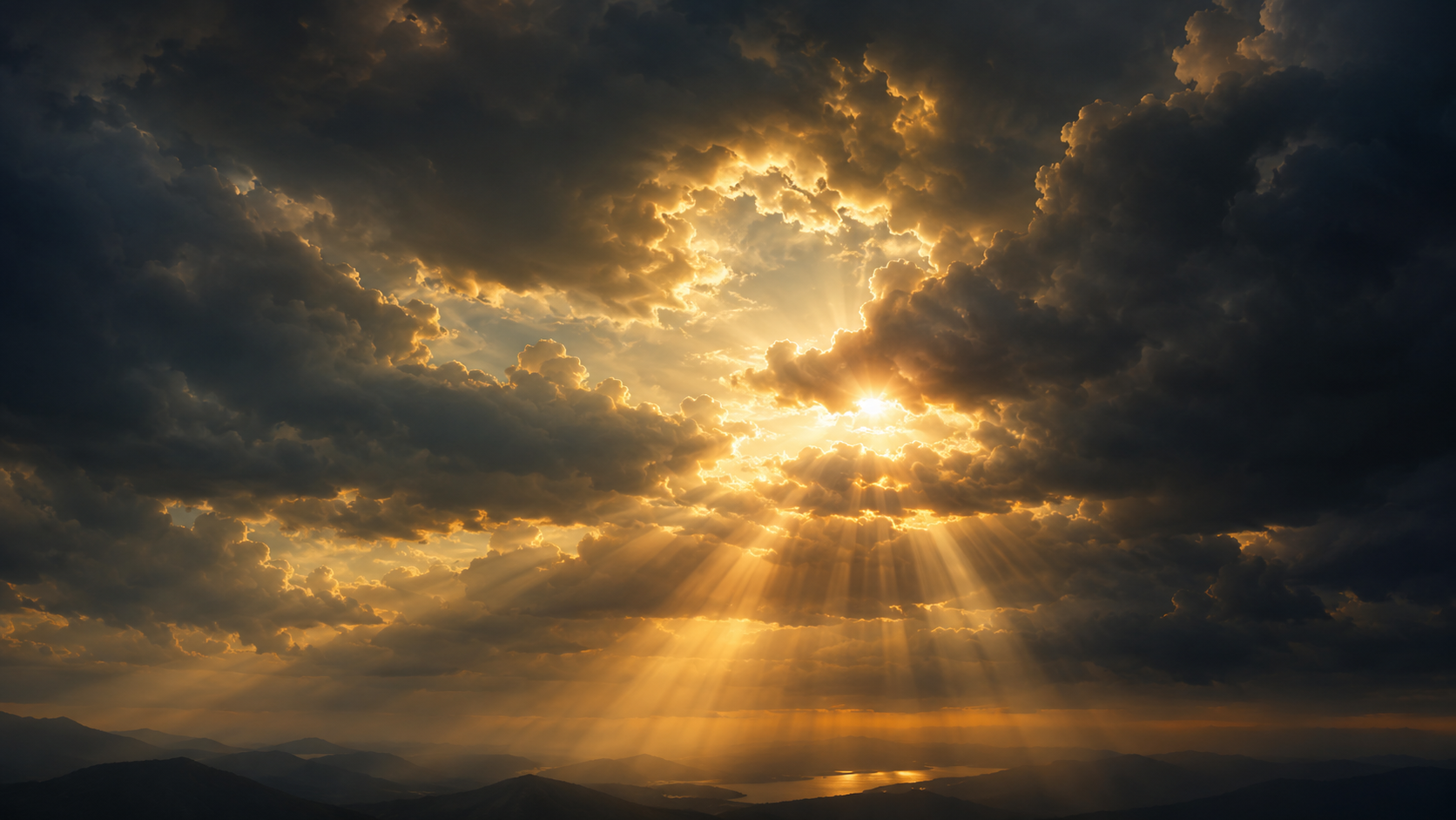 Golden rays breaking through stormy skies.