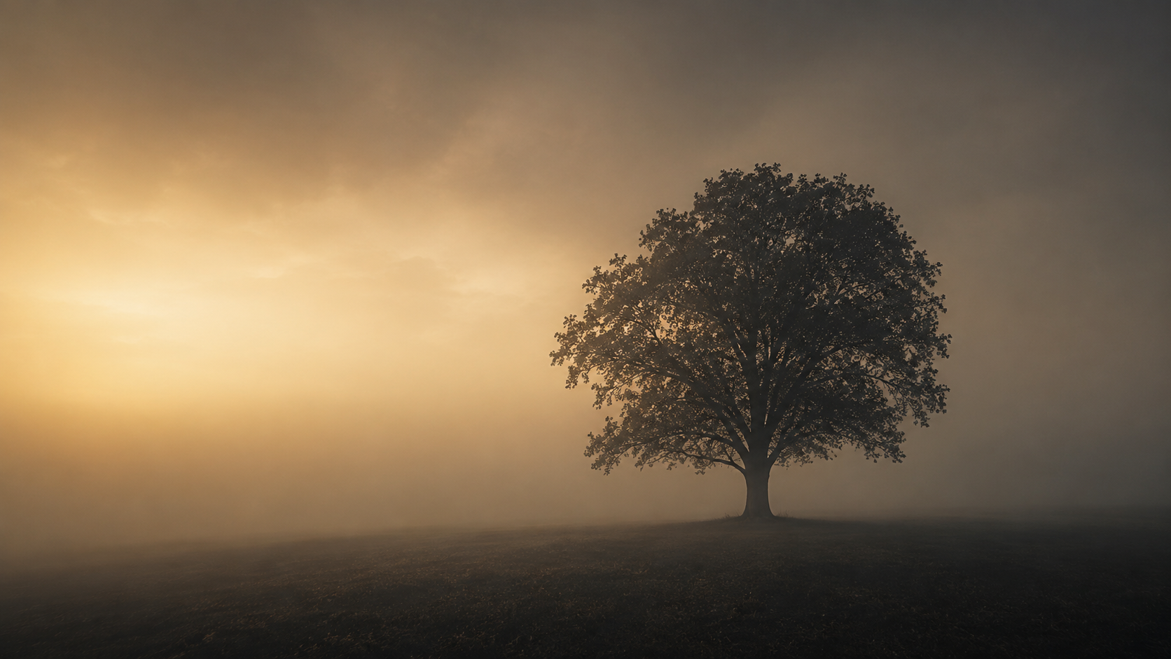 A solitary tree standing in foggy dawn light.