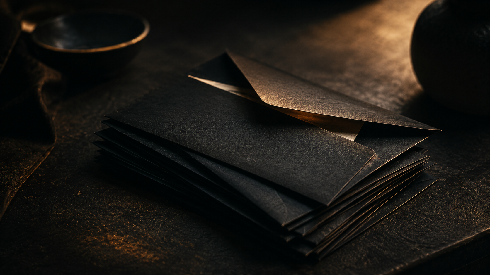 A stack of dark papers crossed by soft shadows.